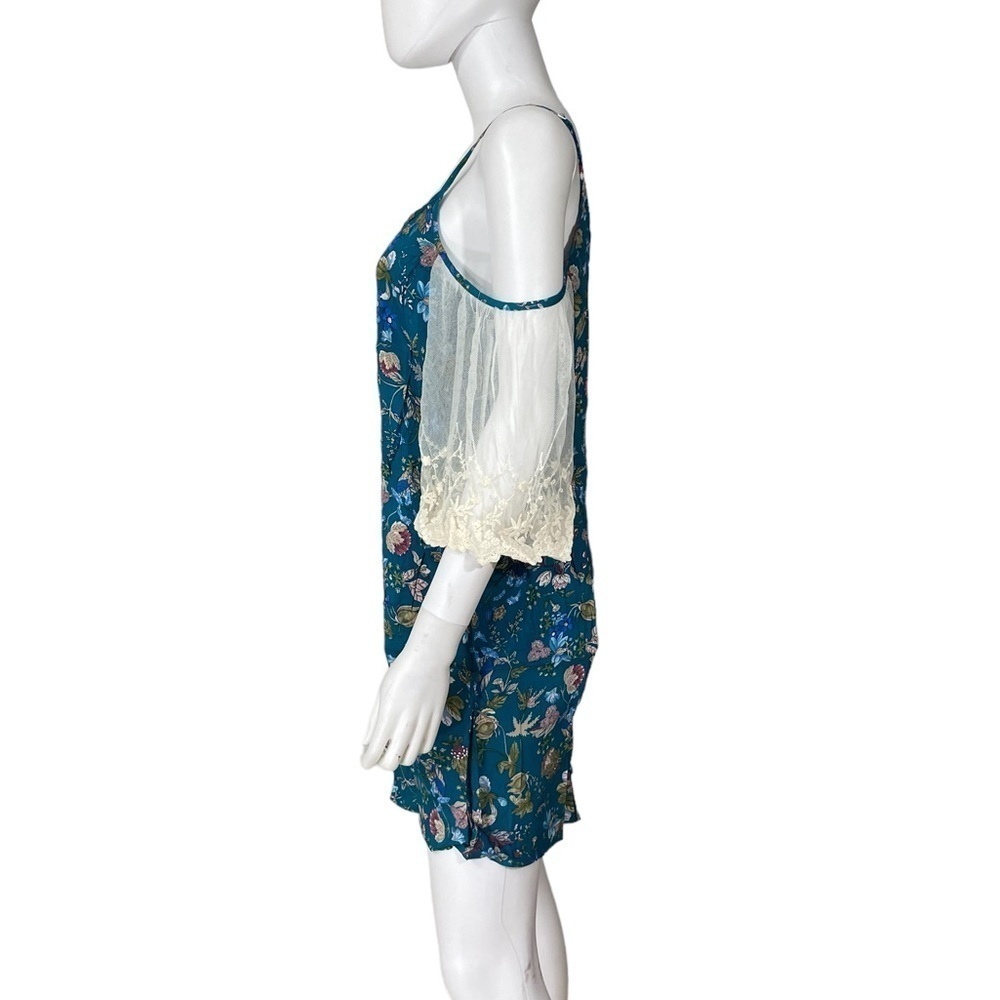 Umgee Teal Floral Cold Shoulder Boho Dress - Picture 4 of 6
